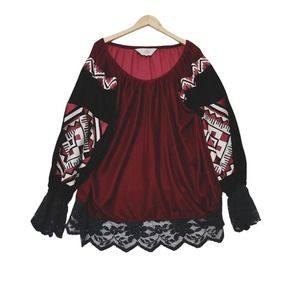 ROJA Burgundy Velvet Embroidered Festival Boho Gypsy Off Shoulder Top Sz.‎ XXL